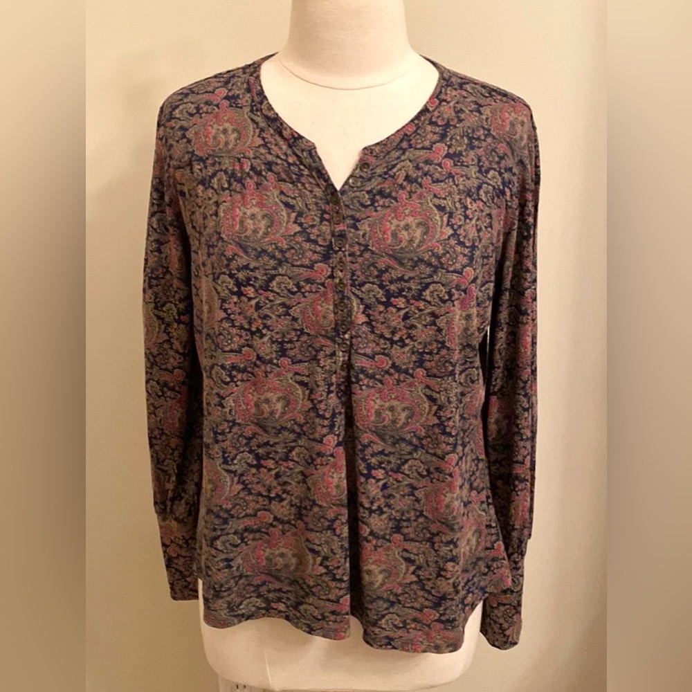 Lucky Brand Blue Tan Pink Paisley Print Long Sleeve Button Casual Top Size M